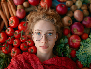 Fototapeta na wymiar mmersed in the vibrant colors and nourishing energy of local produce, a vegan woman revels in the abundance of nature's gifts, her human face radiating with the pure joy of whole foods and plant-based
