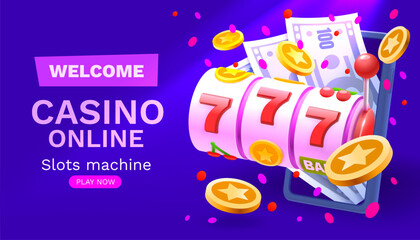 Casino slots machine winner, online games phone, 777 win banner. Vector illustration