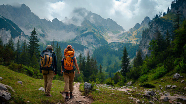 Pareja de  50 a&ntilde;os andando por la monta&ntilde;a con ropa de monta&ntilde;ero, mochila y gorro