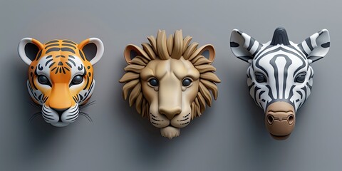 Obraz premium Three animal masks depicting a tiger, lion, and zebra.
