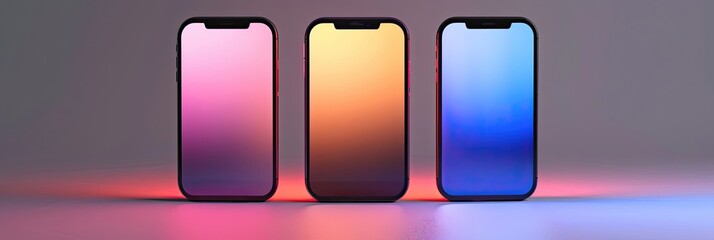 Smartphones with gradient wallpapers on a reflective surface.