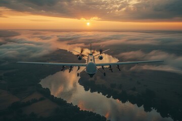 Fototapeta na wymiar Military Transport Aircraft Flying Over a Scenic River at Dusk
