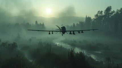 Military Transport Aircraft Flying Over a Scenic River at Dusk