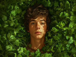 Boy nestled in a lush crop of grass, his face blending seamlessly with the outdoor greenery