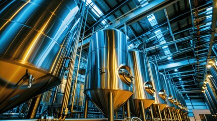 Modern Brewery Production Facility With Shiny Kettles