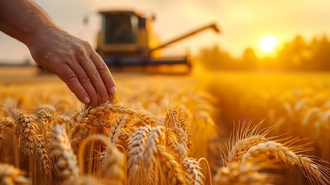 A farmer raising to golden ears of wheat at dawn, with farm equipment in the setting space, Generative AI.
