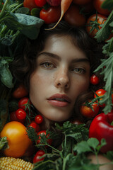 Fototapeta na wymiar Amidst a vibrant display of wholesome produce, a woman finds nourishment and connection to the earth as she lies among the bush tomatoes and cherry tomatoes, embodying the essence of natural and susta