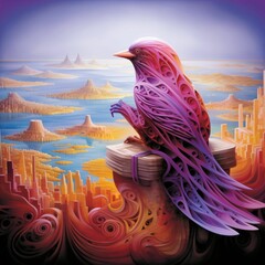 AI generated illustration of a pink bird perched on a rocks against a vast landscape