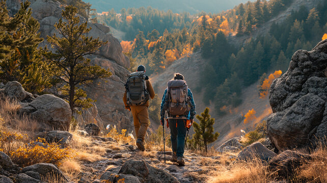 Pareja de  50 a&ntilde;os andando por la monta&ntilde;a con ropa de monta&ntilde;ero, mochila y gorro