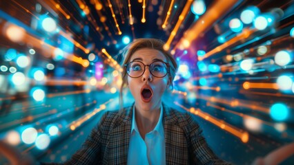 A young woman with glasses expressing shock and amazement against a vibrant background of a futuristic light tunnel.