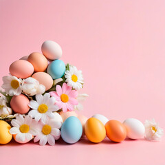 Naklejka na ściany i meble Easter colored eggs on a pink background. White flowers for Easter. The concept of seasonality, spring, postcard, holiday.