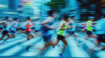 The dynamic blur of marathon runners on city streets, illustrating speed, endurance, and the vibrant atmosphere of urban racing events