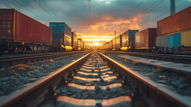 Colorful Freight Trains on Railway Under Blue Sky