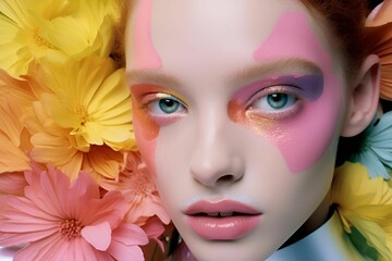 a woman with bright colorful makeup holds a flower in front of her face