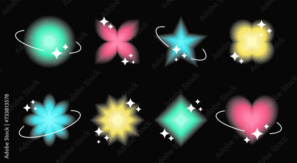 Wall mural set of glowing symbols and shapes in white frames with blinks, retro y2k graphic design elements and