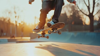 A skateboarder performing a trick at sunset, the image resonates with youth culture and the free spirit of skateboarding, perfect for lifestyle and sports advertising. - obrazy, fototapety, plakaty