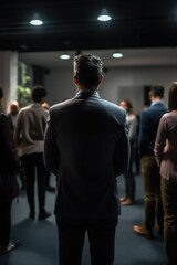 Fototapeta premium AI generated illustration of a businessman standing in a crowded room during a meeting