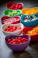 AI generated illustration of colored bowls filled with berries