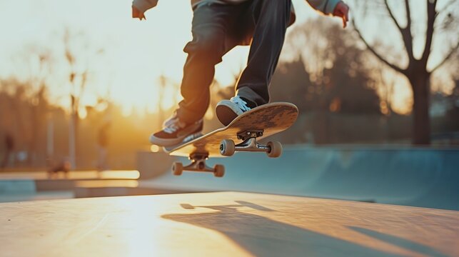 A skateboarder performing a trick at sunset, the image resonates with youth culture and the free spirit of skateboarding, perfect for lifestyle and sports advertising.