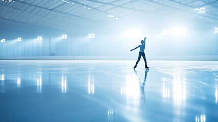 An ice skater's elegant pose on a brightly lit rink conveys a sense of grace and athleticism, making it an inspirational backdrop for sports and fitness-related promotions.
