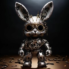 AI generated illustration of a robotic rabbit with metal chains connected to its body