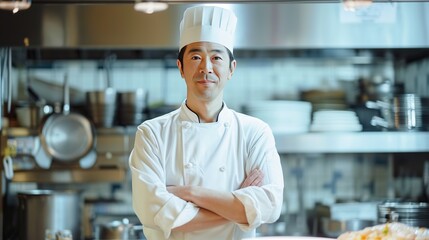 A confident chef stands arms folded in a professional kitchen, embodying culinary skill and leadership, perfect for culinary school or restaurant promotion.