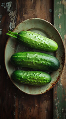 Fresh Organic Cucumbers on Rustic Wooden Background