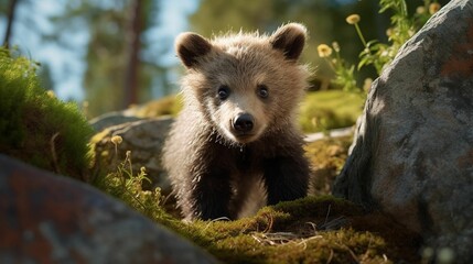 AI generated illustration of a curious brown bear in its natural forest habitat