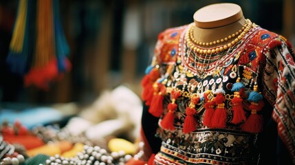 A colorful and intricate ethnic dress on a mannequin, showcasing the richness of traditional attire, perfect for cultural fashion and diversity themes, with no specific text area