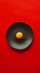Single Egg Centered in Dark Bowl on Vibrant Red Background