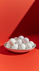Minimalist Composition of White Eggs in White Bowl on Red Background