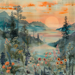 a serene landscape with trees and mountains sunrise view


