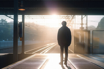 男性, 男性の後ろ姿, 佇む男性, 駅, 駅のホーム, 駅のホームに佇む男性, Male, male back view, man standing, station, station platform, man standing on station platform