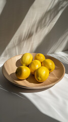 Fresh Lemons on Wooden Plate in Minimalist Sunlit Setting