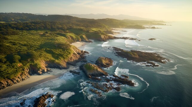 An aerial view of a serene coastline at sunset, capturing the natural beauty and tranquility of the landscape. Perfect for travel, nature, and environmental conservation content