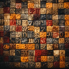 AI generated illustration of a wooden block art depicting a variety of alphabetic characters