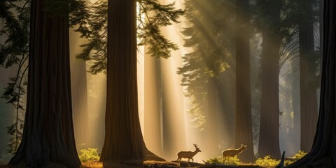 AI generated illustration of a tranquil scene of a group of deer standing in a sun-dappled forest