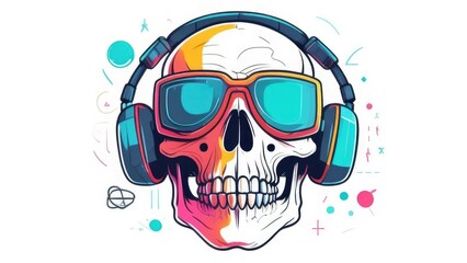 Human skull smiling in virtual reality glasses on white isolated background. The concept of future is virtual reality. VR glasses on skull. Illustration