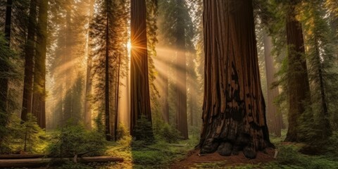 AI generated illustration of a nature scene with  a sunbeam shining through the trees in a forest