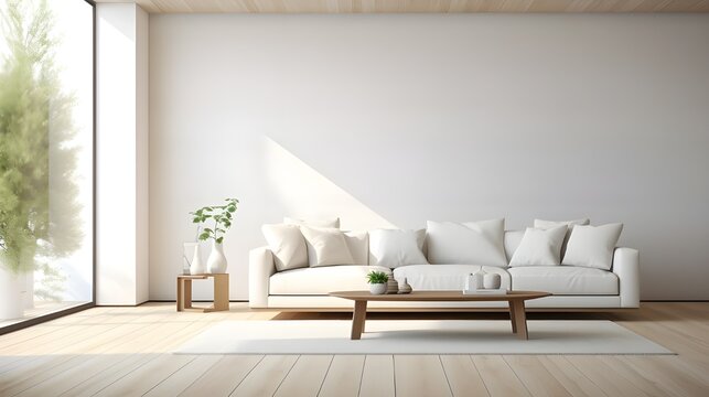 Minimalistic White Living Room With Wooden Floor Frames On A Large Wall And A White Landscape Seen Through A Window With Curtains Nordic Style Home Interior ... .
