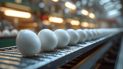 Eggs on a conveyor belt in a processing plant, depicting food industry automation