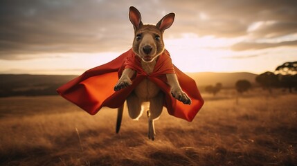 the animal is jumping in the air with a red cape - obrazy, fototapety, plakaty