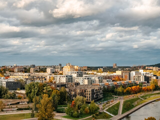 Fototapeta na wymiar Panorama of urban residential areas near Vilnius city center in autumn