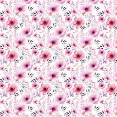 Beautiful pink repetitive floral pattern on a white background. AI-generated.