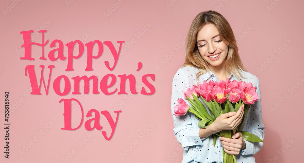 Canvas Prints Happy Women's Day, Charming lady holding bouquet of beautiful flowers on dusty pink background