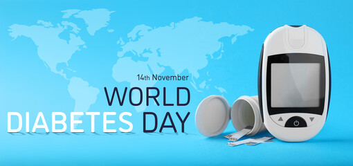 World Diabetes Day, banner design. Digital glucometer and test strips. Illustration of world map on light blue background