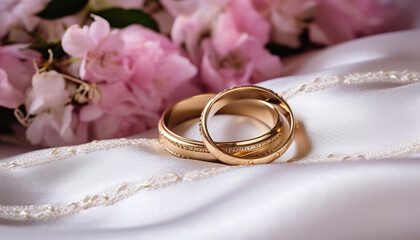 Wedding rings on a silky white pillow. 