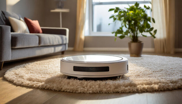 a robot vacuum cleaner working on a carpet in a new living room