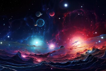 Fantasy Cosmos: A Futuristic Space Artwork with Nebula, Planets, and Stars. Surreal Skyline - obrazy, fototapety, plakaty