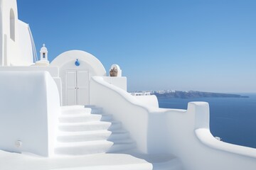 Discovering the Charm of Oia, Santorini: The White Stairs Leading to a Mediterranean Terrace. - obrazy, fototapety, plakaty
